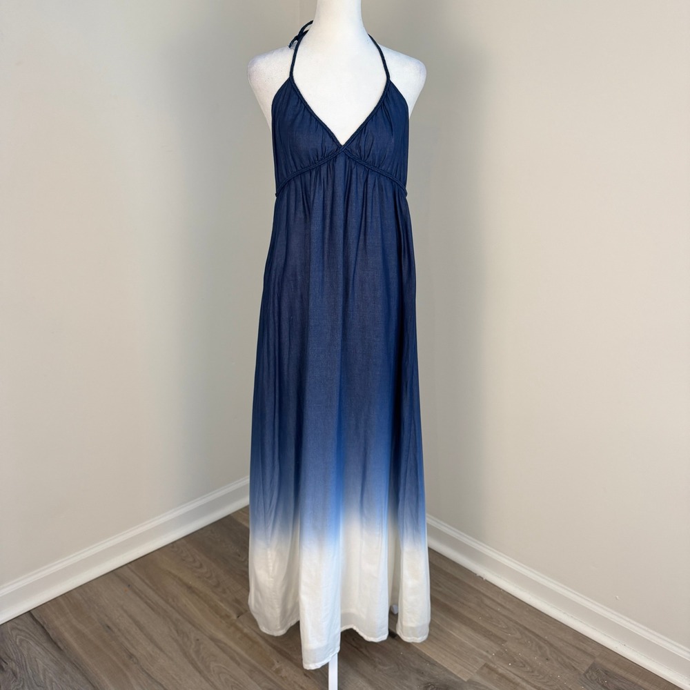 Gap Ombre Cotton Halter Maxi Dress Womens Medium Blue White Boho Coastal Summer - Picture 2 of 11